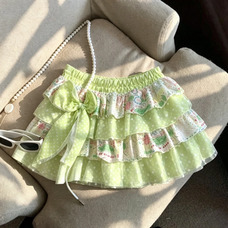 Japanese Designer Polka‑Dot Mini Skirt Y2K Cute Bow Puffy Cake Skirt Sweet Lolita Printed Skirt Kawaii Color Splicing for Women