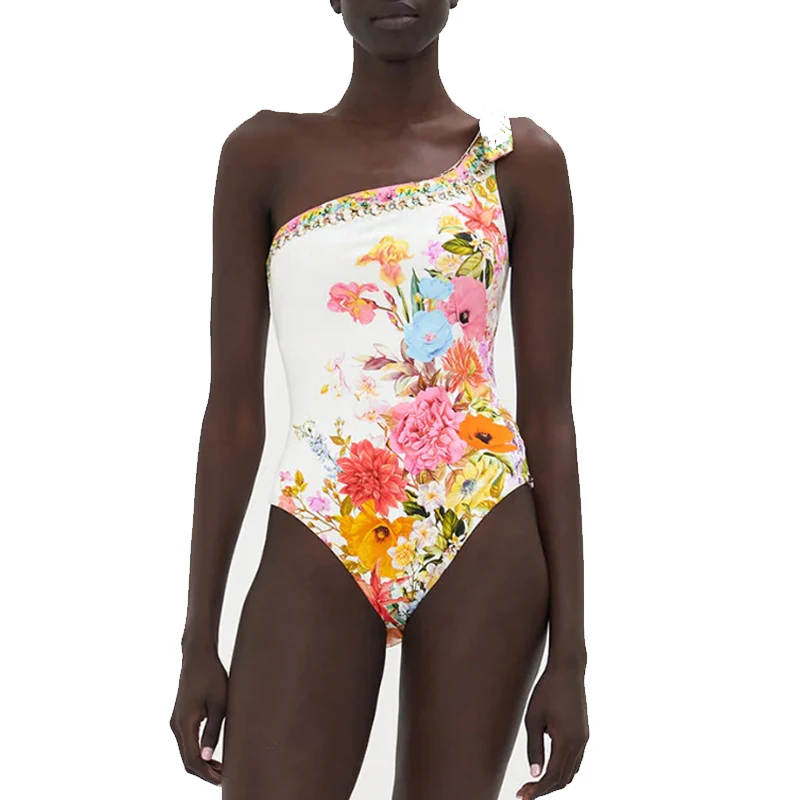 New 2023 Sexy Flower Print Swimsuit One-shoulder One-piece Swimwear Ruffle Strappy Design Monokini Women Bathing Suit Dress