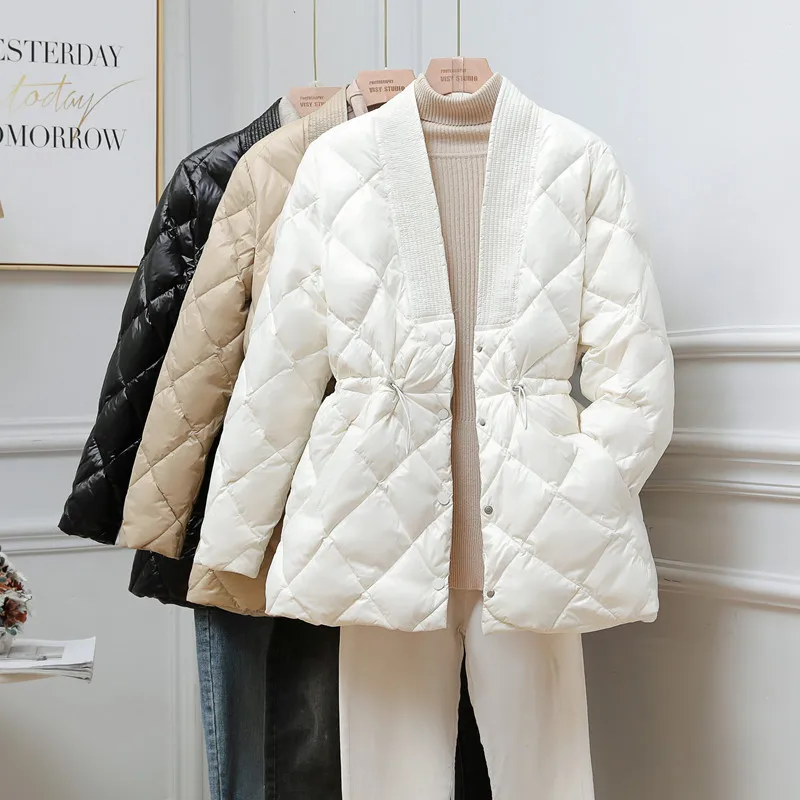 2024 Autumn Winter Drawstring White Duck Down Coat Parkas Women Warm V Neck Midi Long Down Jacket Female Bigsize Puffer Outwears