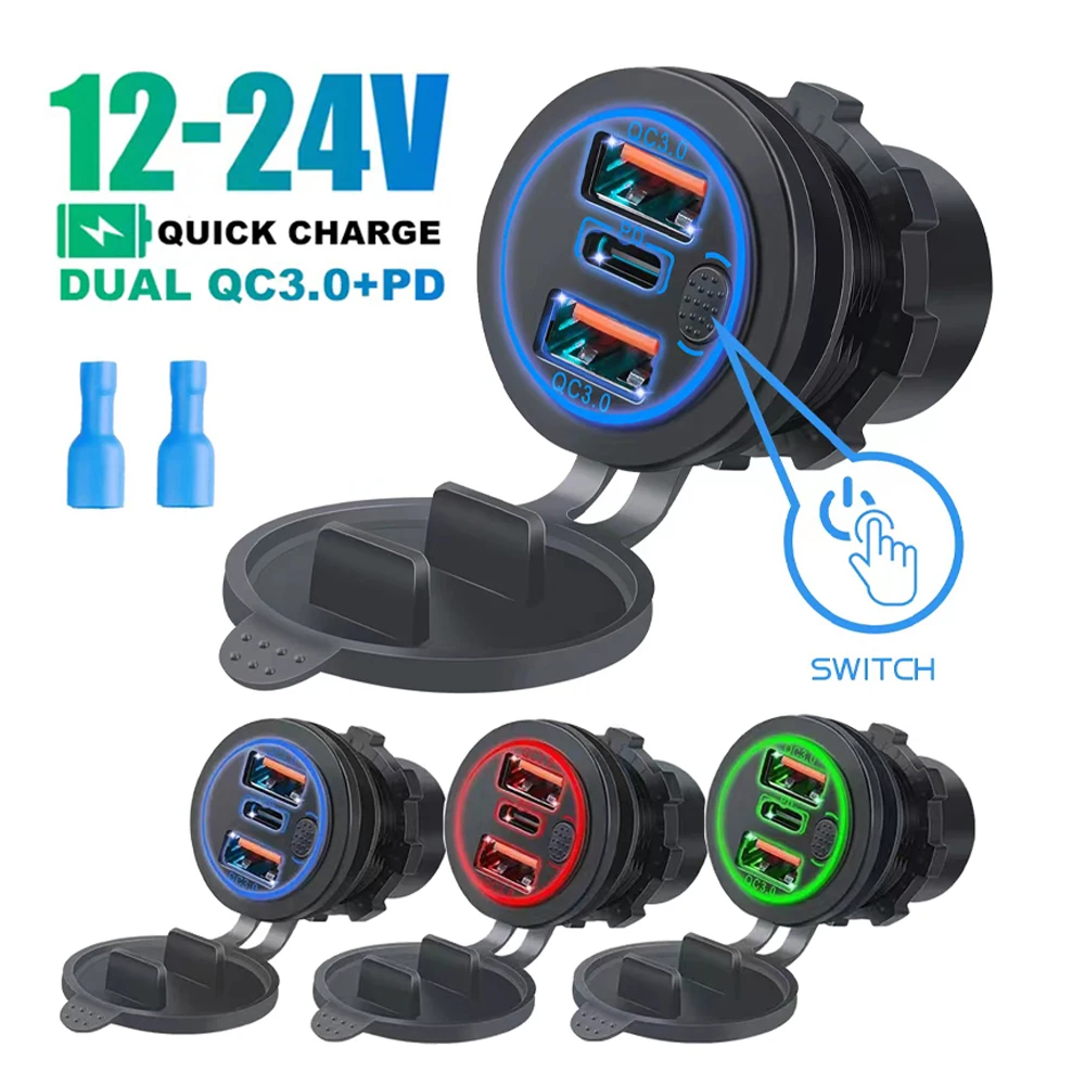 12V-24V Waterproof Car Charger Dual QC3.0USB+PD Type-C Socket with LED Key Switch Suitable for Cars Boats RVs and Motorcycles