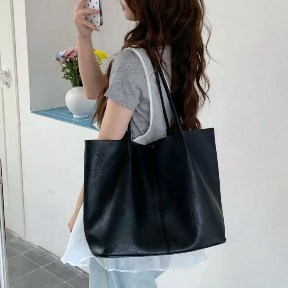 Minimalist Large Tote Bag Women Soft PU Leather Shoulder Handbag Korean Fashion Commuter Purse Casual Daily Underarm Bag