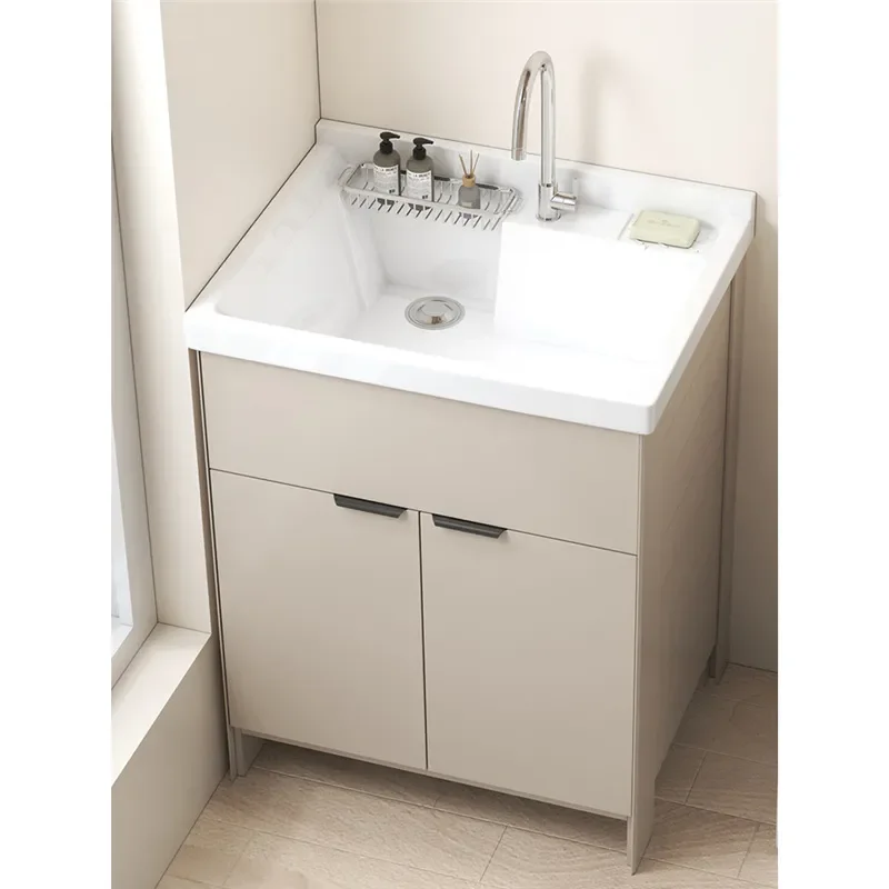 For Deepened Ceramic Balcony Sink Integrated Laundry Cabinet Floor to Ceiling Bathroom Washbasin Desk Large Capacity Storage