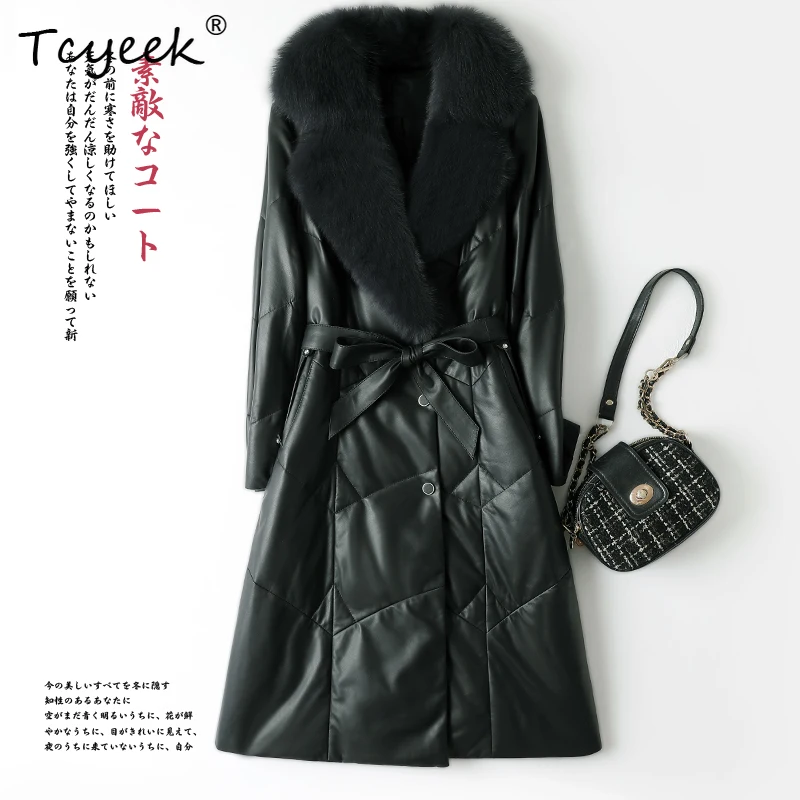 Tcyeek Top Layer Real Sheepskin Autumn Winter Fox Fur Collar V-neck Medium Length Women's Down Coat Casacas Para Mujer Invierno