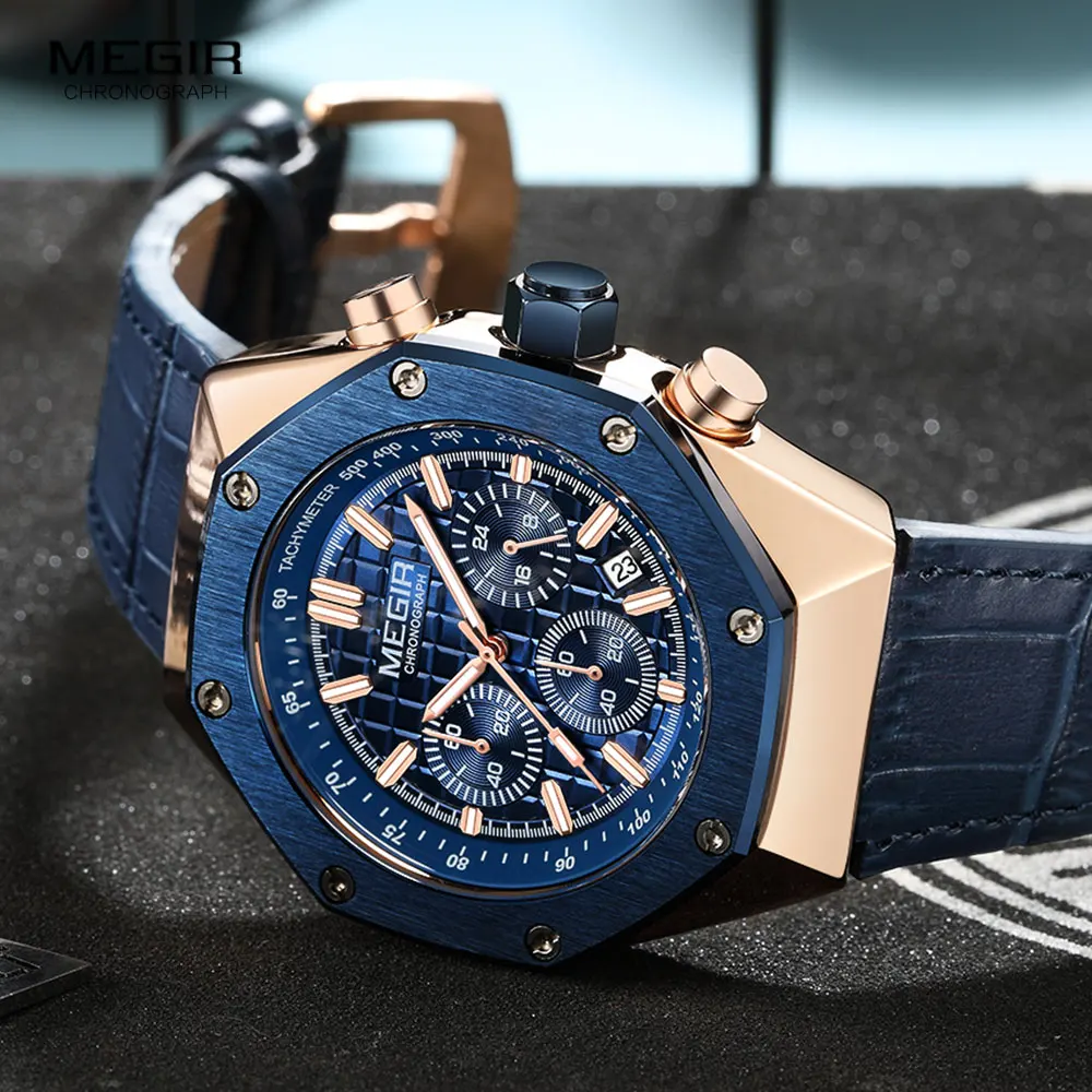 MEGIR Blue Leather Strap Quartz Watches Men Fashion Waterproof Chronograph Luminous Sport Wristwatch with Auto Date 24-hour 2213