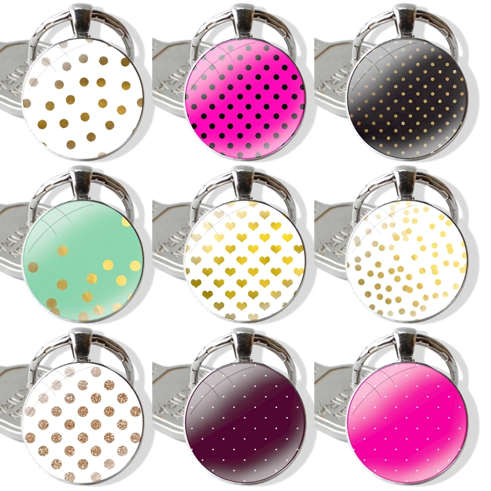 Red Black Gold Polka Dots Keychain Handmade Glass Cabochon Key Ring Holder Pendant Key Chains