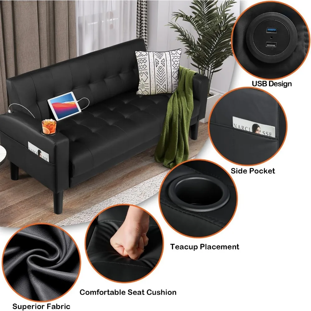 أريكة بمقعدين حديثة من منتصف القرن مع منافذ USB وحاملات أكواب وجيوب جانبية وأرائك مقعد من الجلد المنجد
