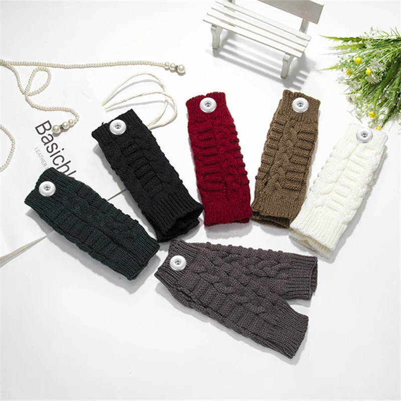 Fit 18mm Snap Button Winter 028 Students Write Keep Warm Knitted Lady Fingerless Work Wrist Gloves Women Men Adolescent