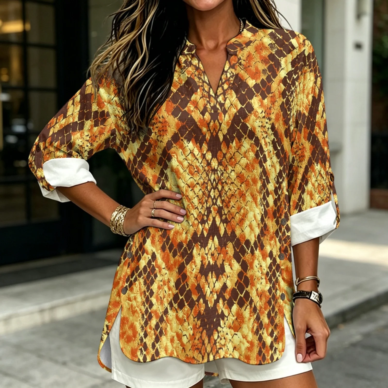 PENSTROLL Snake Skin Print 3/4 Sleeve Dressy Casual Blouses for Party Linen Like Long Sleeve Blouse Sizes S-5XL