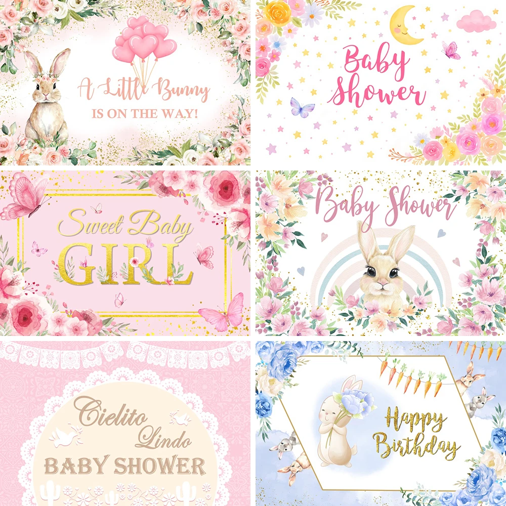 

Girl Baby Shower Photography Background Bunny Pink Girl Happy Birthday Cake Table Decoration Banner Newborn Portrait Backdrop