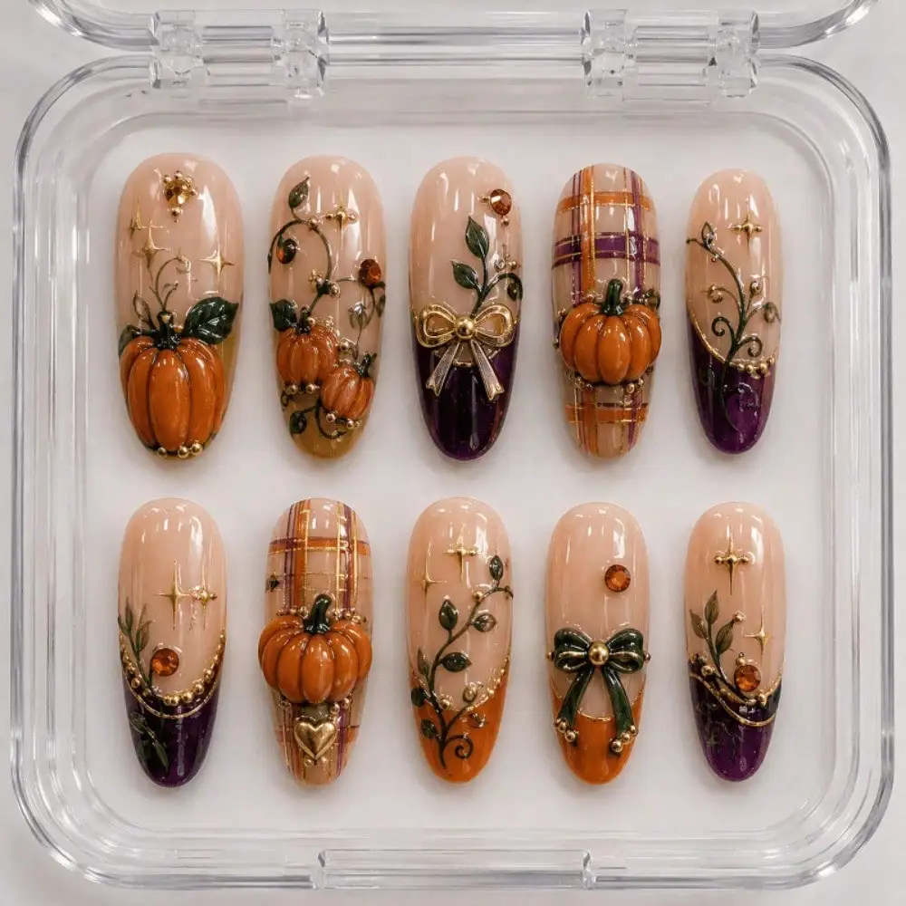 Ong Almond Armor Hand-Worn Armor, Naked Powder Gradual Change With Purple-Brown Plaid, Three-Dimensional Pumpkin, Vine Maple Leaf, Phnom Penh Bow, Maillard Thanksgiving Gentle Nail,Halloween Nails, Christmas Nails/ Applicable To 899 Regions