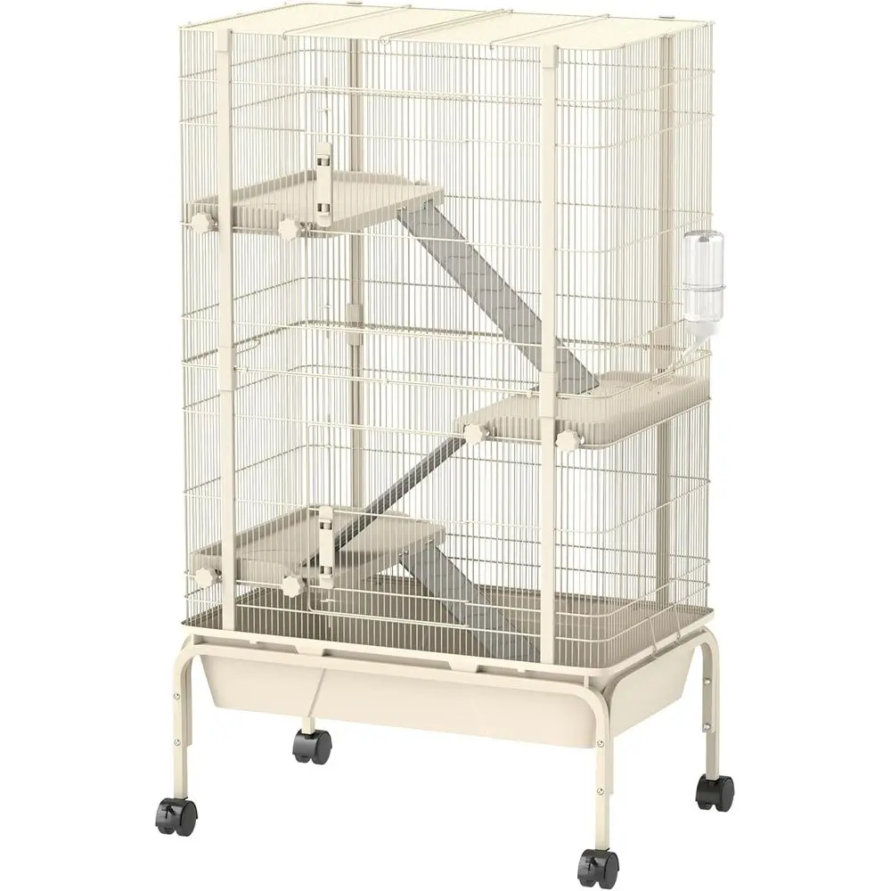 Jaula Metálica Rodante de 4 Niveles para Chinchillas, Conejos y Ardillas con Bandeja Profunda, Plato para Comida y Botella de Agua, Beige