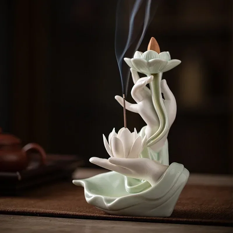 

Creative Ceramic Purple Sand Incense Burner Zen Buddhist Hand Backflow Censer Lotus Dragon Shape Incense Stove Home Decorations