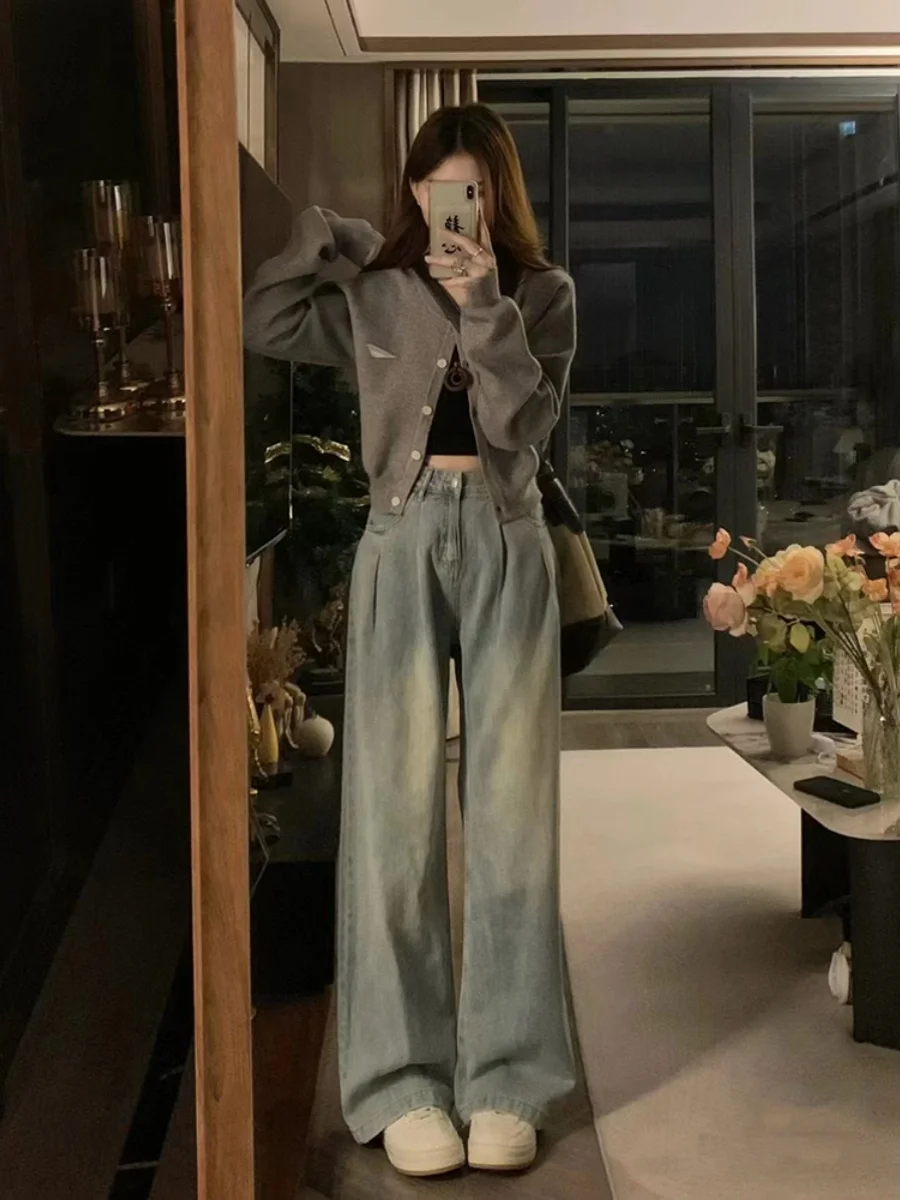 

High Waist Wide Leg Denim Jeans Women's Early Autumn New Folded Design Loose Drapey Straight Leg Jeans Vintage Style