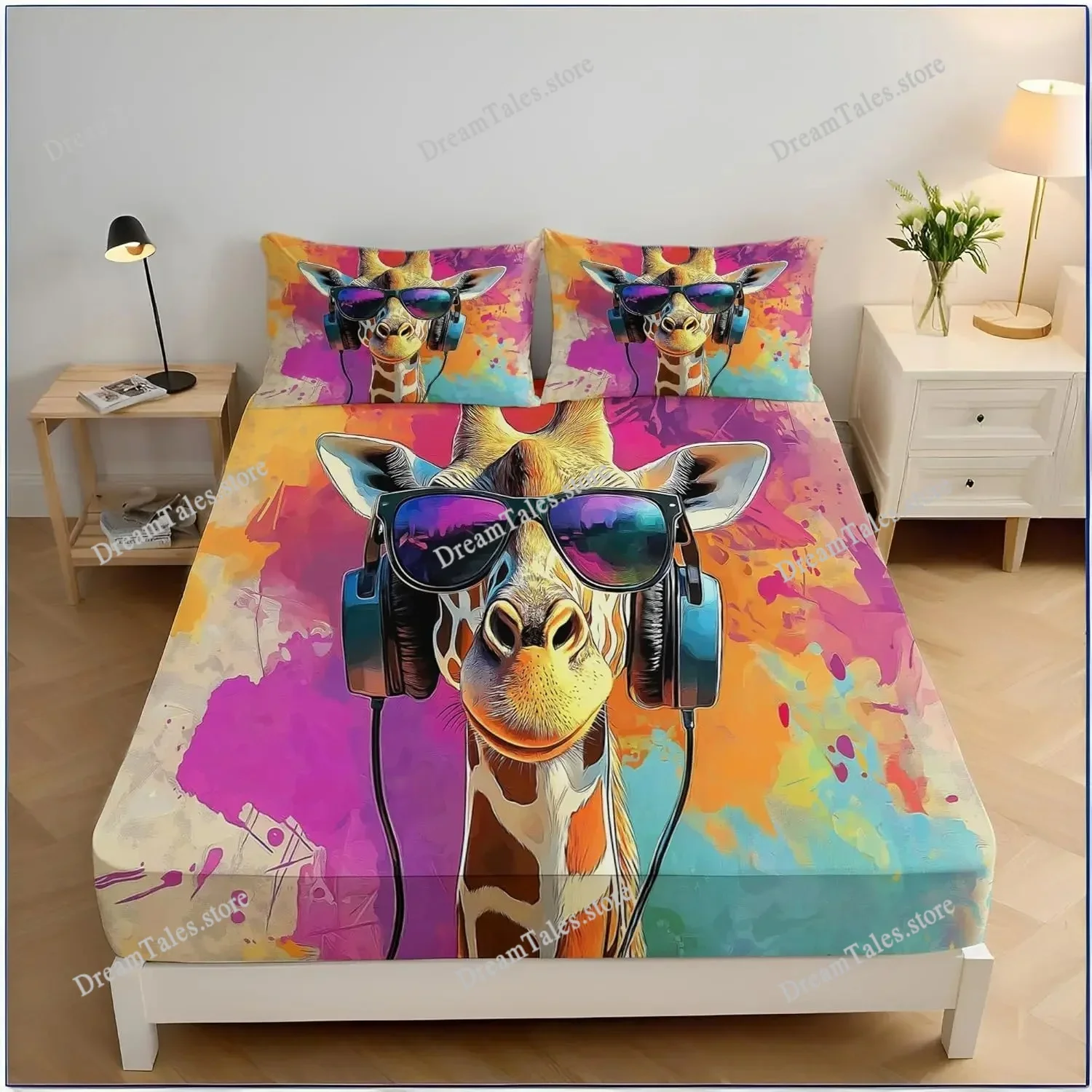 

Giraffe Kids Fitted Sheet Single Size,Cute Giraffe Family Bed Cover,Cartoon Animal Theme Bedding Set Home Textileextile