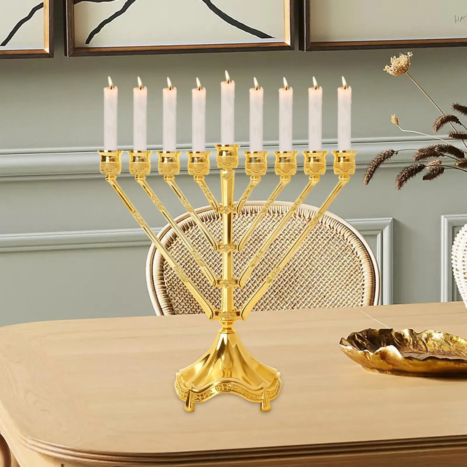 Decorative Candle Holder Stable Gold 9 Branch Menorah Zinc Alloy Practical Table Decor for Home Ornament