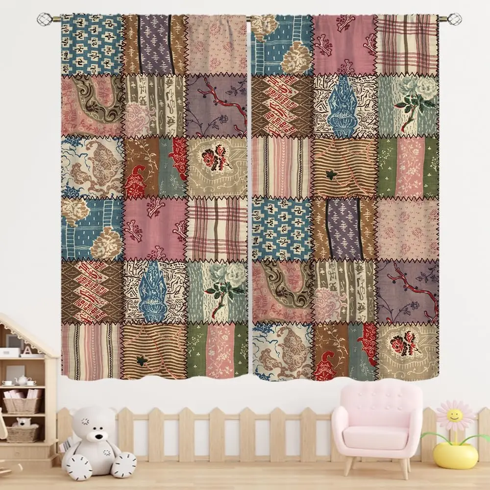 Grid Splicing Old Style Paisley Floral Striped Blackout Rod Pocket Curtain Muted Tone Soft Rustic Print Homestay Bedroom Rest