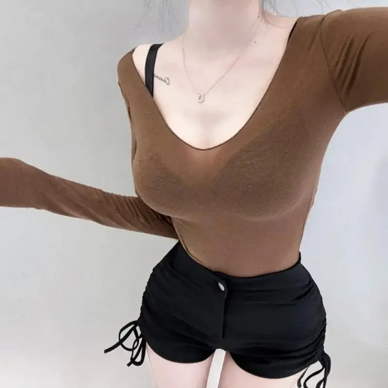 ربيع الخريف نمط جديد سليم صالح الخامس الرقبة تي شيرت مزاجه رقيقة شفافة طويلة الأكمام تيز تنوعا طبقة قاعدة بسيطة #5