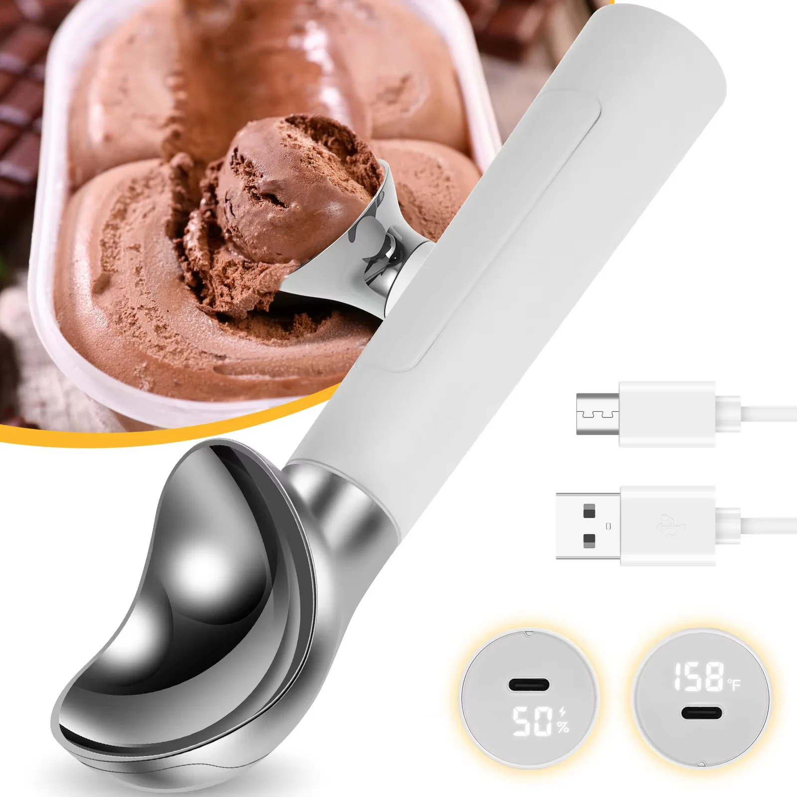 

Перезаряжаемая ложка для мороженого с подогревом, регулируемая температура со светодиодным дисплеем, самонагревающаяся ложка, нержавеющий водонепроницаемый кухонный инструмент