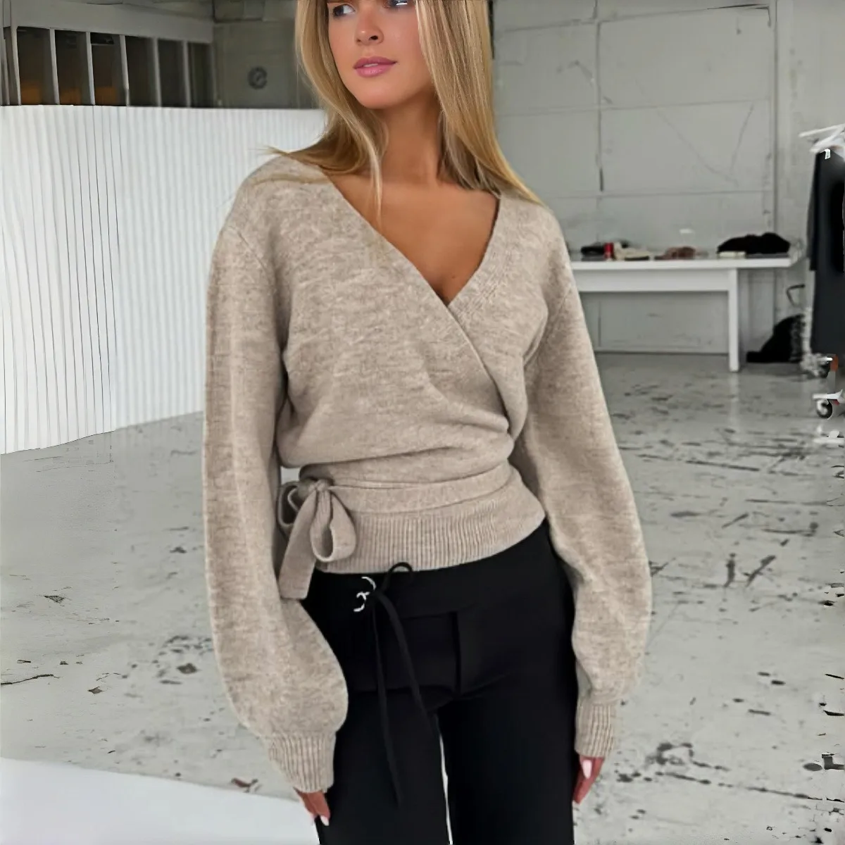 

Apprabant Winter Women Sexy V Neck Knit Sweater Cardigan Long Sleeve Tie Waist Coat Soft Solid Chic Loose Fit Lazy Streetwear