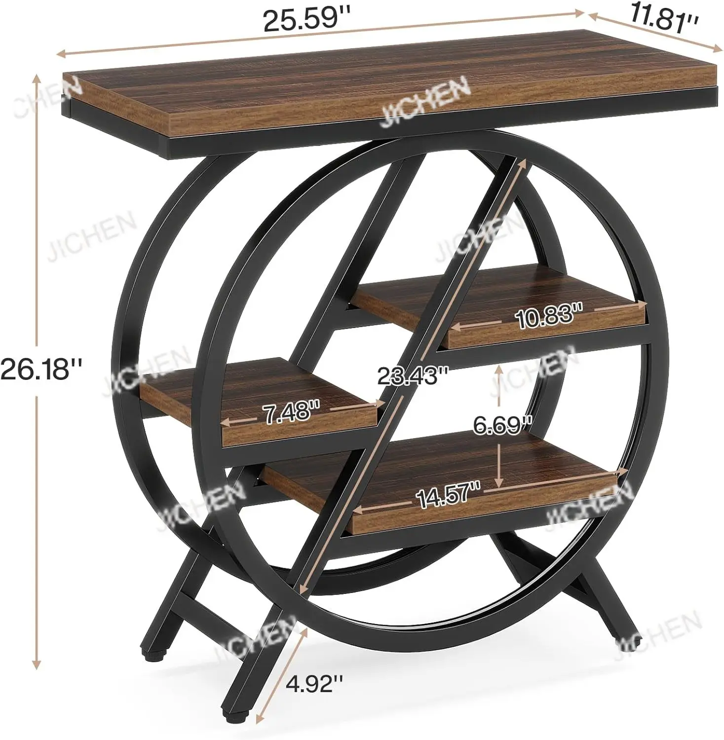 

3-Tier Narrow Sofa Side Table with Storage for Living Room, Wood End Table with Geometric Metal Frame, Industrial Nightstand and