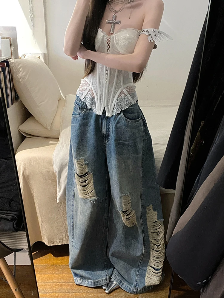 

Американские свободные джинсы в стиле кэжуал для женщин, винтажные, рваные, с широкими штанинами, длиной в пол, с естественной талией, однотонные