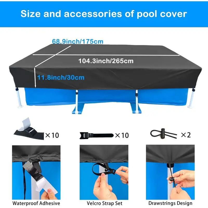 260x160 cm Rectangular Pool Cover 8x5 ft Frame Rectangle Swimming Pool Cover for Above Ground Pools Summer with Drawstring pd
