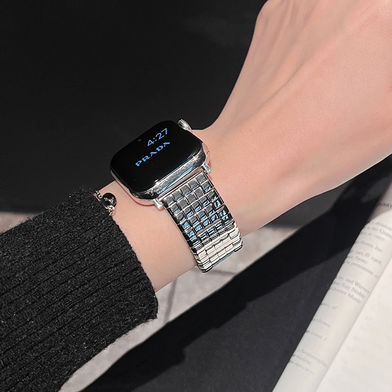 Pulseira de metal padrão quadrado para Apple Watch, Pulseira para iWatch Series 7, Correa 45mm, 41mm, 38mm, 40, 9, 8, 6, 5, SE, 4, Ultra2, 49 milímetros