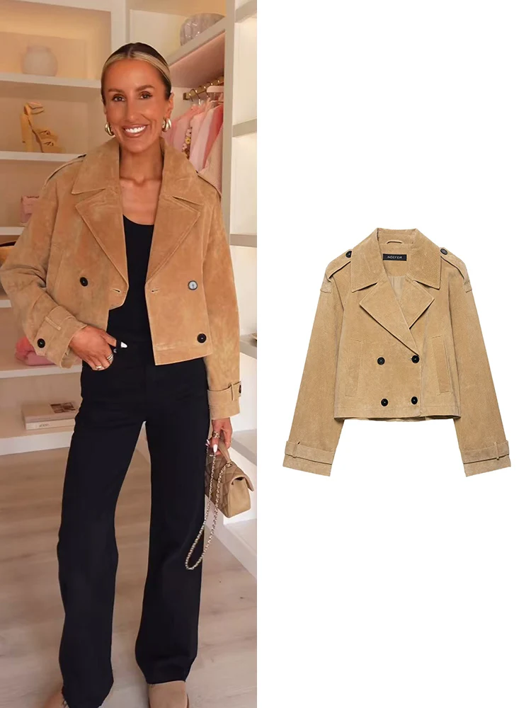 

Elegant Women's Solid Short Coat Turn-down Collar Full Sleeve Double Breasted Pocket Jackets 2025 Autumn Casual Outwear