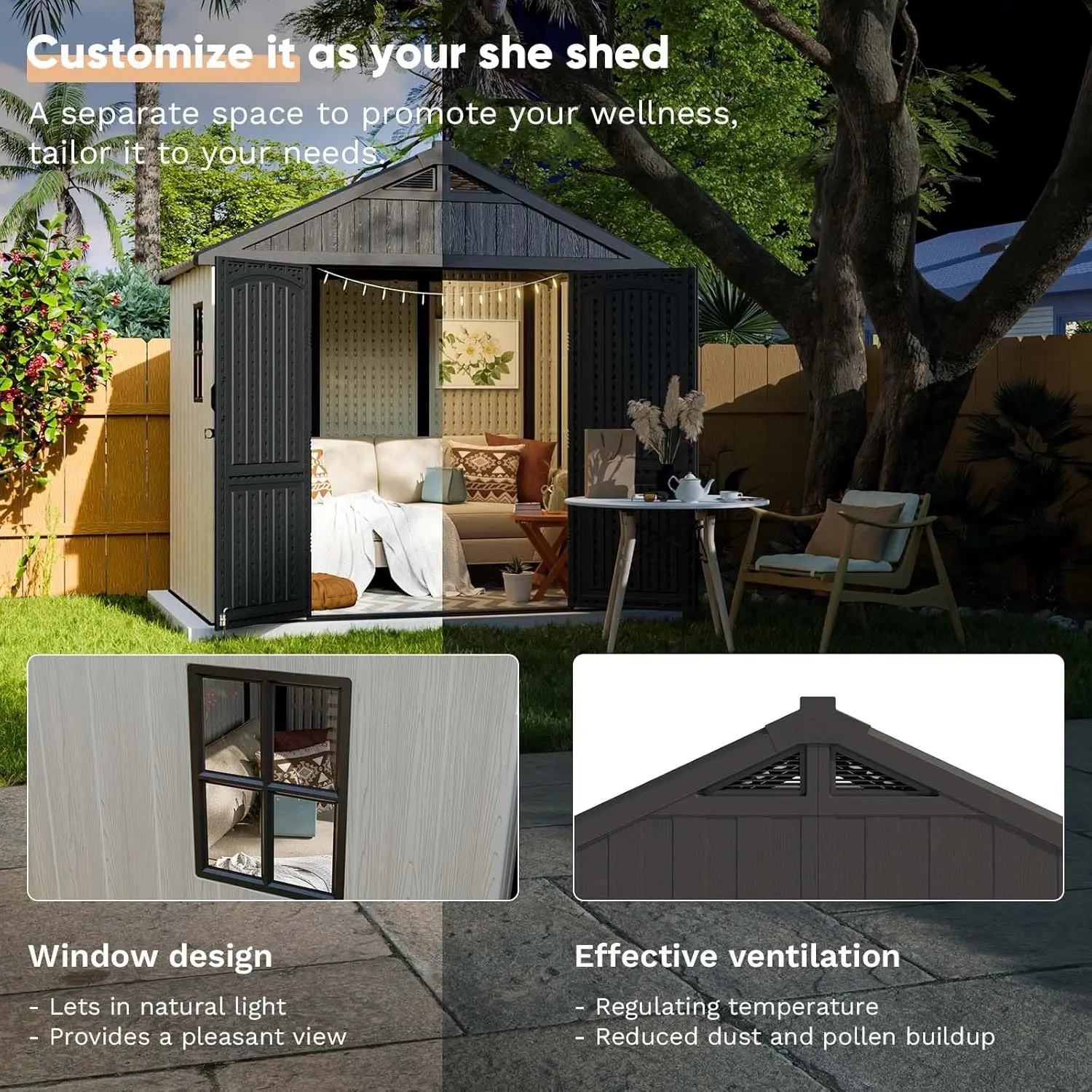 8 x 6 FT Plastic Outdoor Storage Shed with Floor, Resin Shed with Window and Lockable Door for Garden, Backyard, Tool, Custom