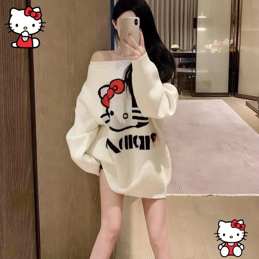 

Sanrioed Hello Kitty Women Sweater Anime Kawaii Kt Spring Winter Preppy Style Student Tops Loose Thicken Oversize O- Neck Trend