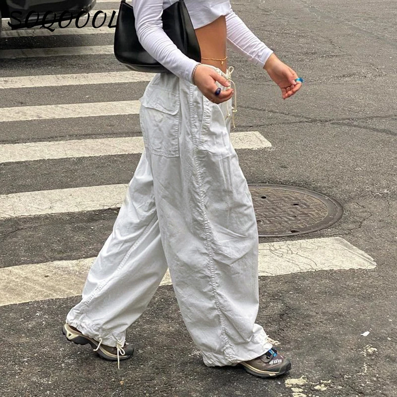 

Hippie Y2K Cargo Pants Women Low Waist Sweatpant Drawstring Pockets Baggy Wide Leg Trousers Korean Vintage White Parachute Pants