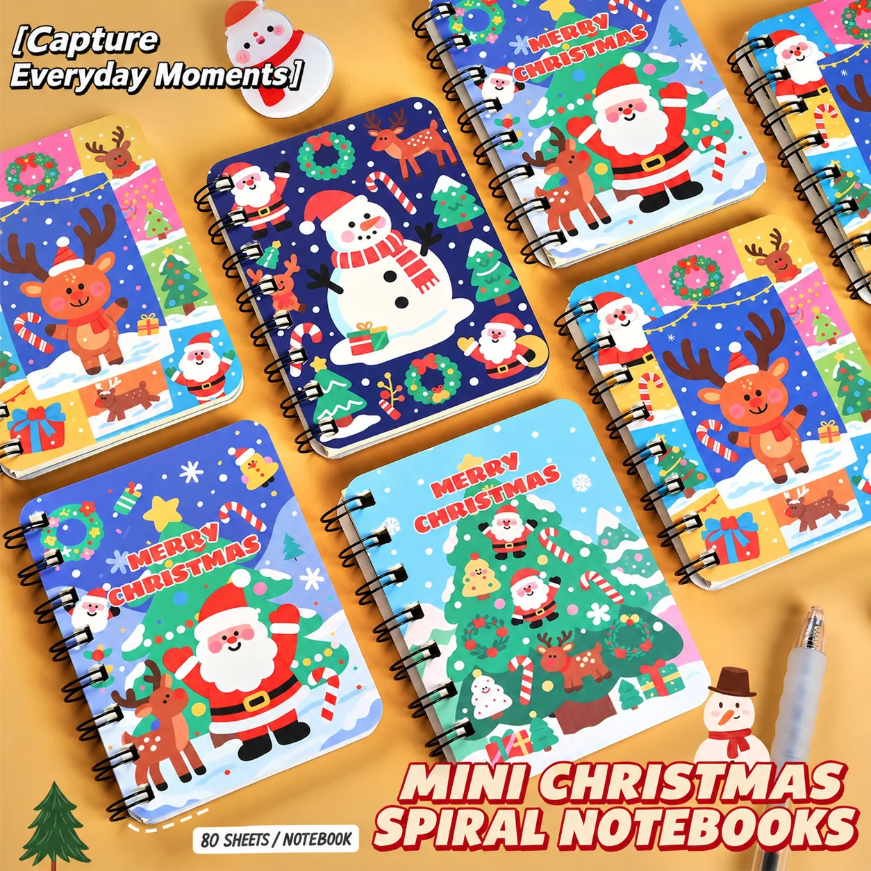 8pcs A7 Christmas Spiral Notebook, Mini Pocket Notepad, Mini Writing Journal for School Office Gift Giving