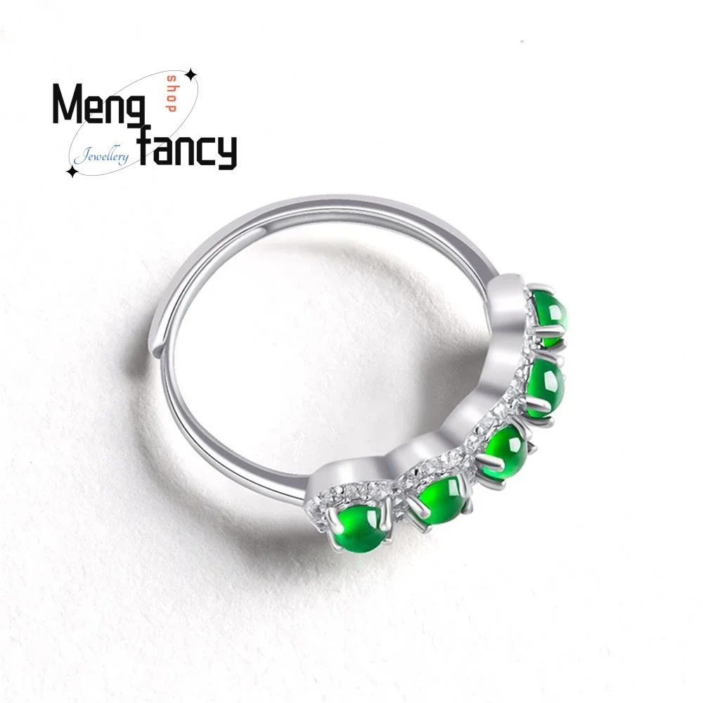 

S925 Silver Inlaid Natural A-goods Jadeite Yang Green Ice Jade Ring Couple Promise Luxury Jewelry Exquisite Fashion Holiday Gift