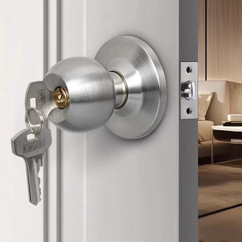 Stainless Steel Single Tongue Spherical Door Knob Lock, Double-sided Keyed Bedroom Indoor Round Door Lock Hardware