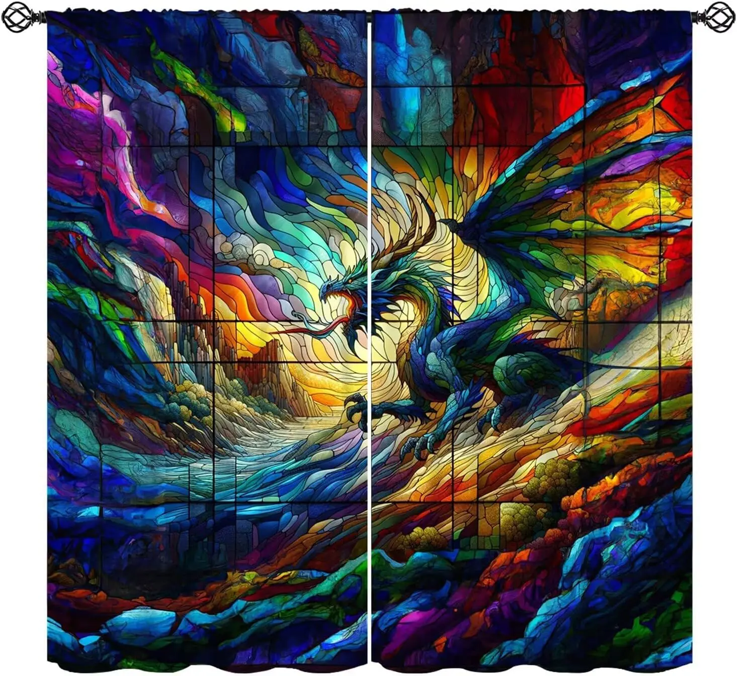 Dream Stained Glass Curtains, Fantasy Dragon Rainbow Colorful Clouds Art Printed Window Drapes for Kids Boys Girls Bedroom