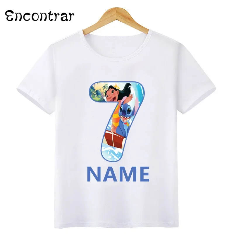 Disney Lilo & Stitch Number Bow Print T shirt Cartoon Kids Clothes 1 2 3 4 5 6 7 8 9 Years Birthday Girls T-Shirts Baby Tops