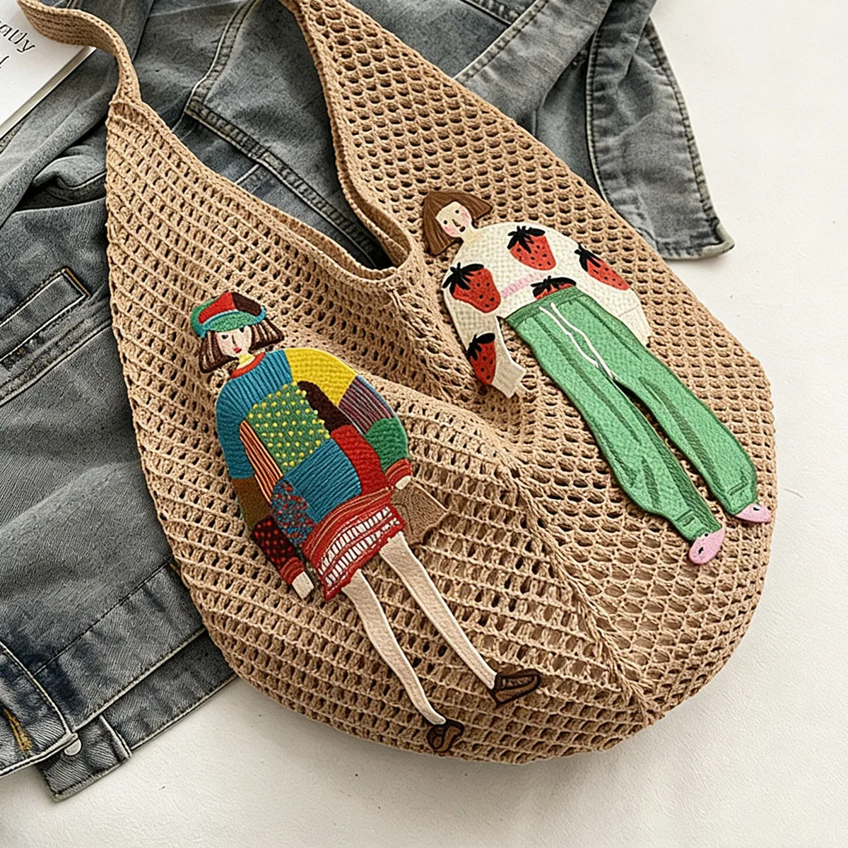 1 Piece of Summer Hollow-Out Knit Tote Bag, Open-Top, Non-Closing, Breathable, Soft, Foldable Fabric, Stylish for Girls, Large Capacity for Holding Books, Tablets, Water Bottles, Umbrellas, Etc., Suitable for Use at the Beach, Outdoor Activities, Beach Trips, Walks, Picnics, and Outings