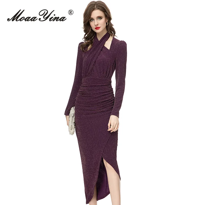 MoaaYina Spring Fashion Designer Purple Vintage Knitted Dress Women V Neck Cross Hollow Out Package Buttock Slit Slim Long Dress