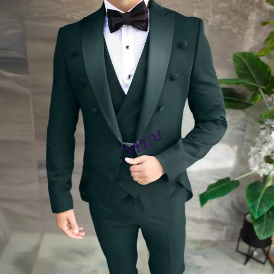 Customized Classy Men's Black Tailcoat 3pcs Set Satin Peak Lapel Blazer Vest Pants Tailored Wedding Groom Graduation Prom Suit