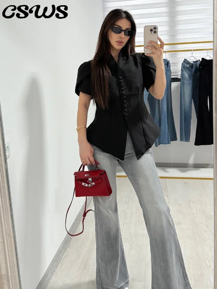 

Elegant Stand Collar Shirts Women Black Irregular Short Sleeve Slim Waist Buttons Female Shirt 2025 Summer Autumn Lady Tops
