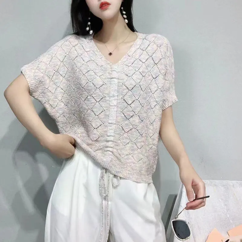 

Women's V-Neck Shirring Pullover Drawstring Solid Short Sleeve Sweater Knitted Casual T-shirt Fashion Office Lady Vintage Tops