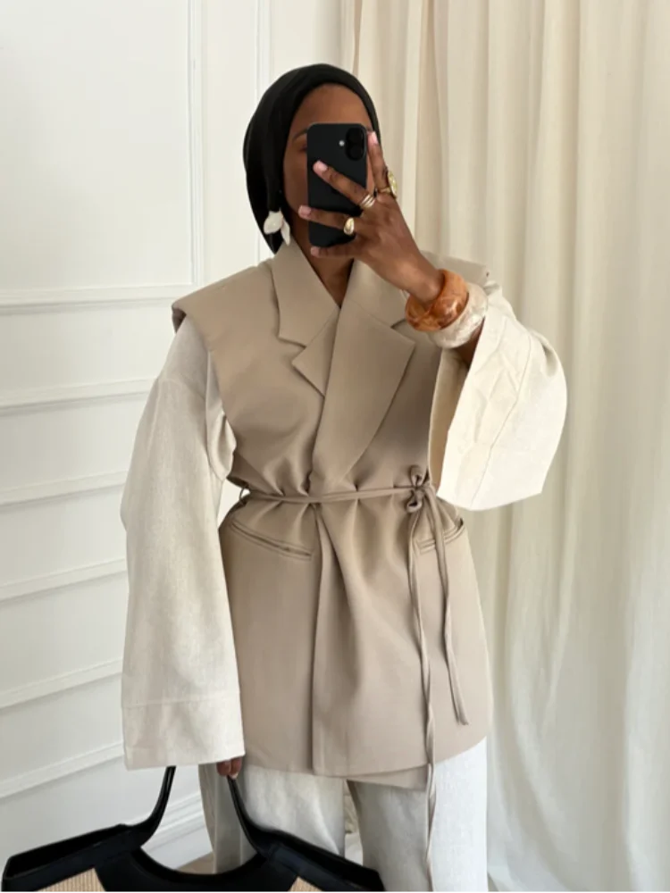 2026 Autumn Lace Up Lapel Women Coat Sleeveless Solid Lady Jacket Office Shoulder Pad All Match Female High Street Outwears New