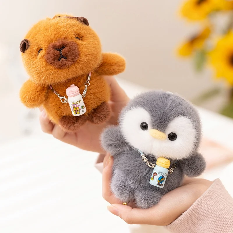 Pelúcia de Animal de Desenho Animado de 10-12cm, Pinguim, Elefante, Brinquedos Macios Kawaii, Pequeno Capivara com Decoração de Mini Garrafa