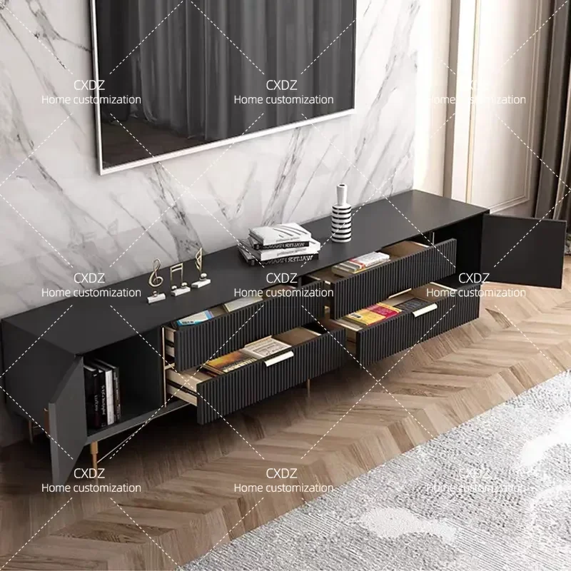 Modern Solid Wood Coffee Table and TV Cabinet Combination with Rock Slab Top High Wall Storage Unit for Living Room Floor