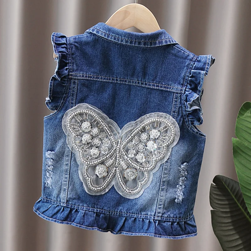 Children's Vest Spring and Autumn New Bow Crown Flower Print Flip Collar Vest Sweet and Cute Fashion Versatile Coat