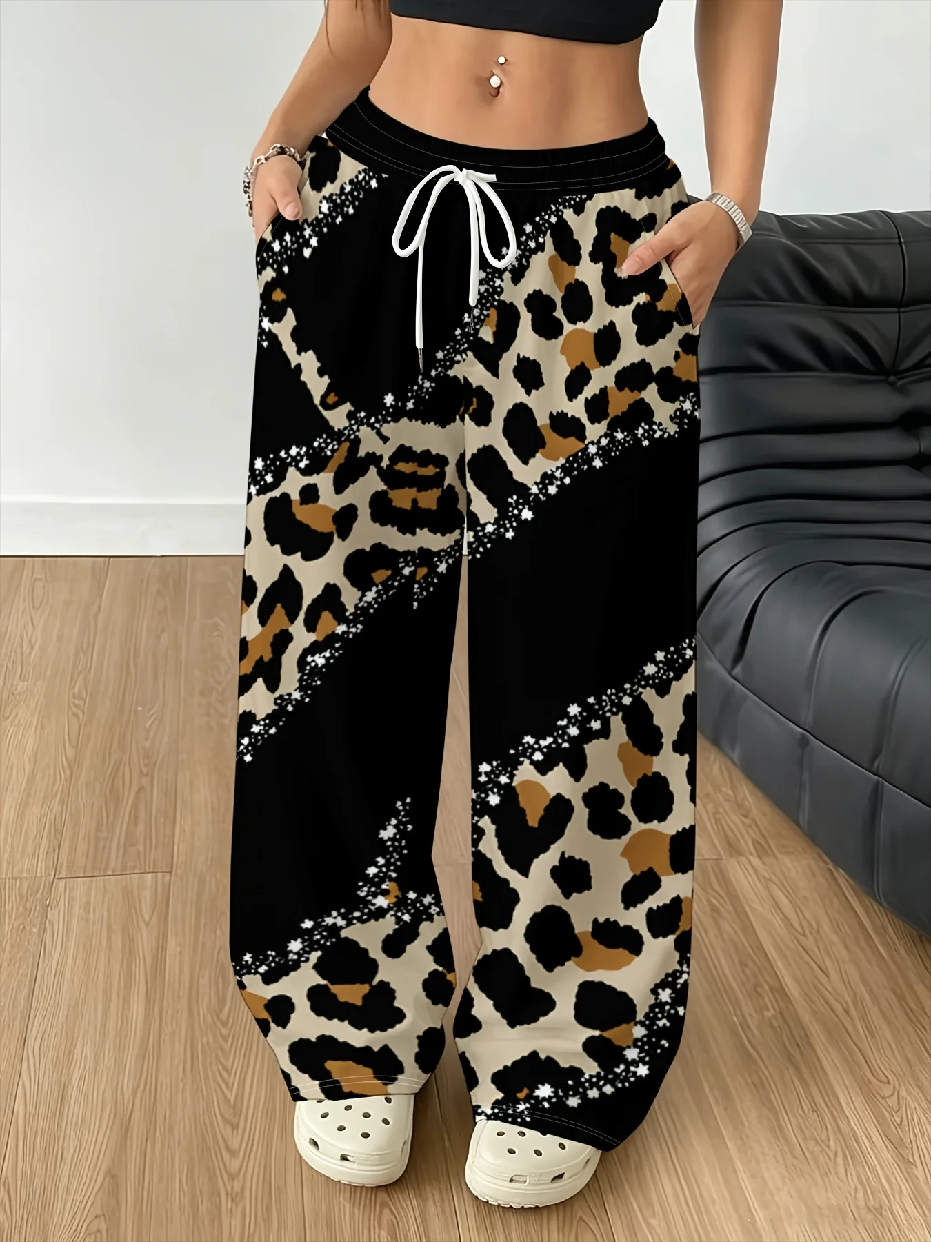 Leopard Print Patchwork Wide Leg Pants for Women, V-shaped White Striped Drawstring High Waisted Pants, Fashionable and Trendy