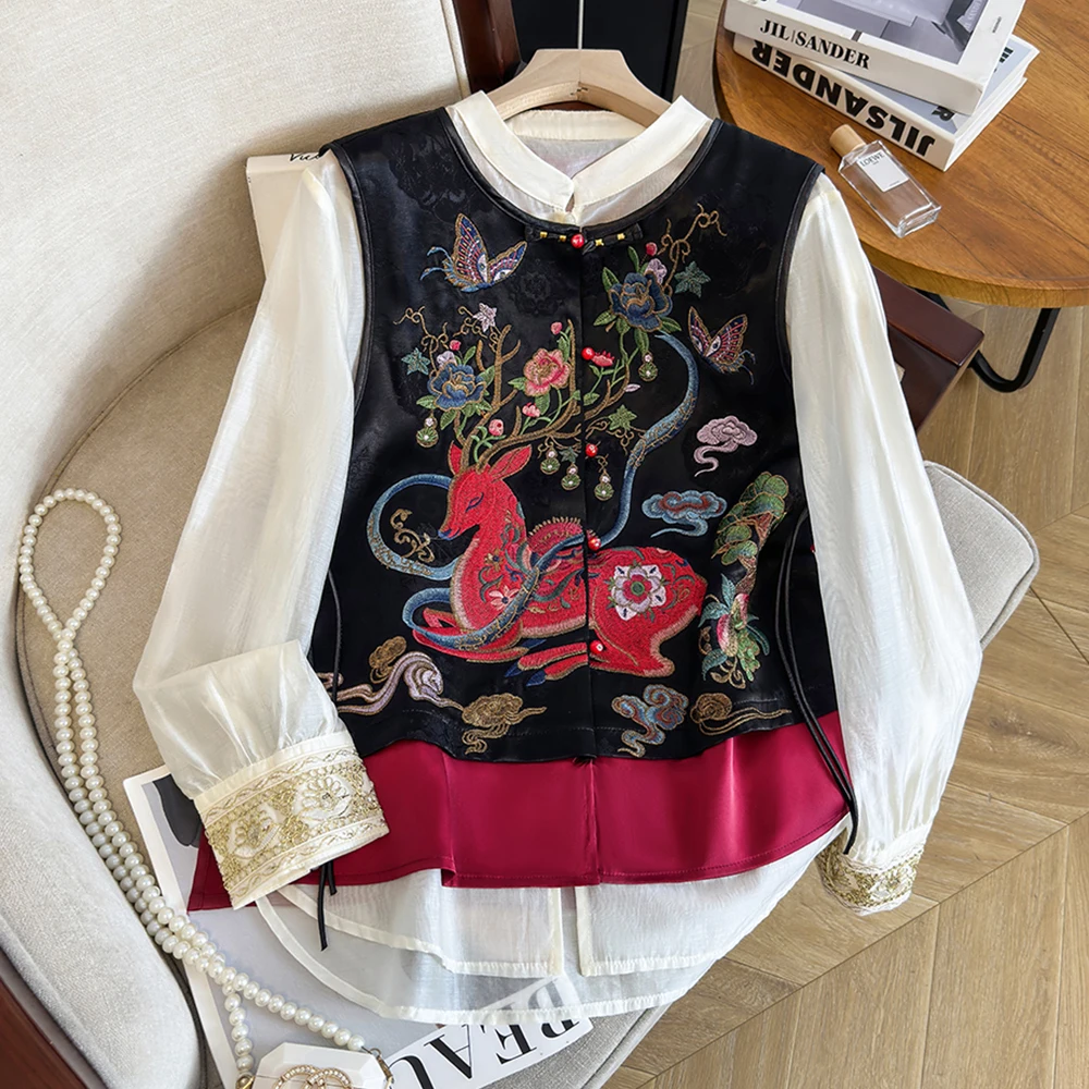 New Chinese Style Heavy Embroidery Silk Patchwork Vest Temperament National Style Improved Vest Polyester Fiber 100%