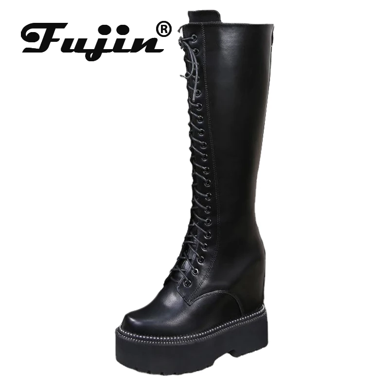 Fujin 12cm PU platforma buty klinowe jesienna wiosna ZIP z mikrofibry pluszowa wiosna jesień kolano wysokie modne damskie ciepłe zimowe buty