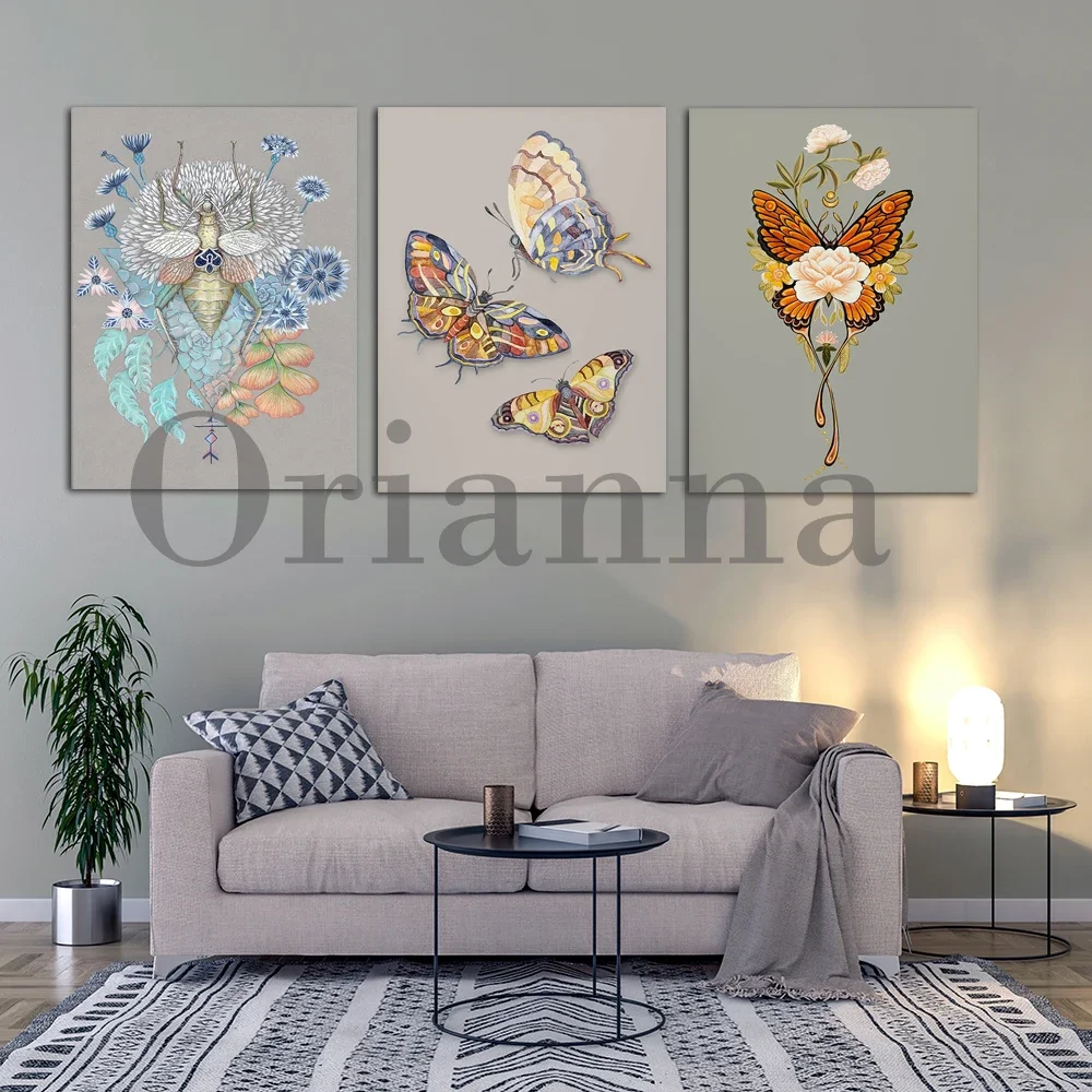 Boho Watercolour Butterflies Peonies Orchid Flower Plant Retro Colorful Wall Art Prints Canvas Home Living Room Decor Painting