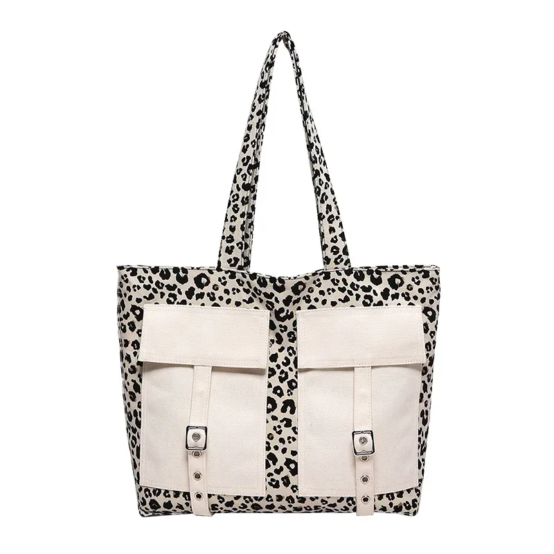 Bolsas de ombro versáteis casuais para mulheres, bolsas com zíper, lona leopardo, grande capacidade, linha de costura, venda quente, 2024